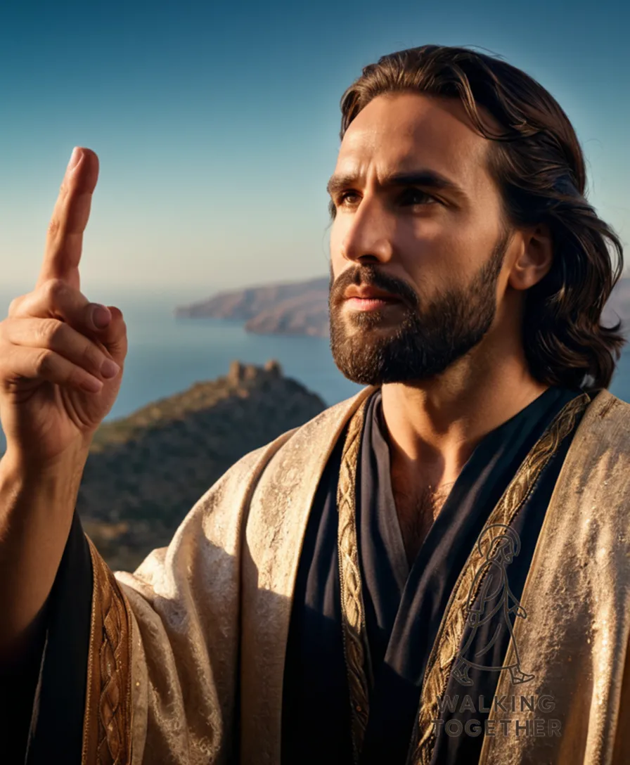 The image should show Jesus standing on a rocky outcropping overlooking the Sea of Galilee, silhouetted against a warm sunset sky, wearing tattered robes and holding a wooden staff in his right hand as he points upwards with an open hand, conveying divine connection.