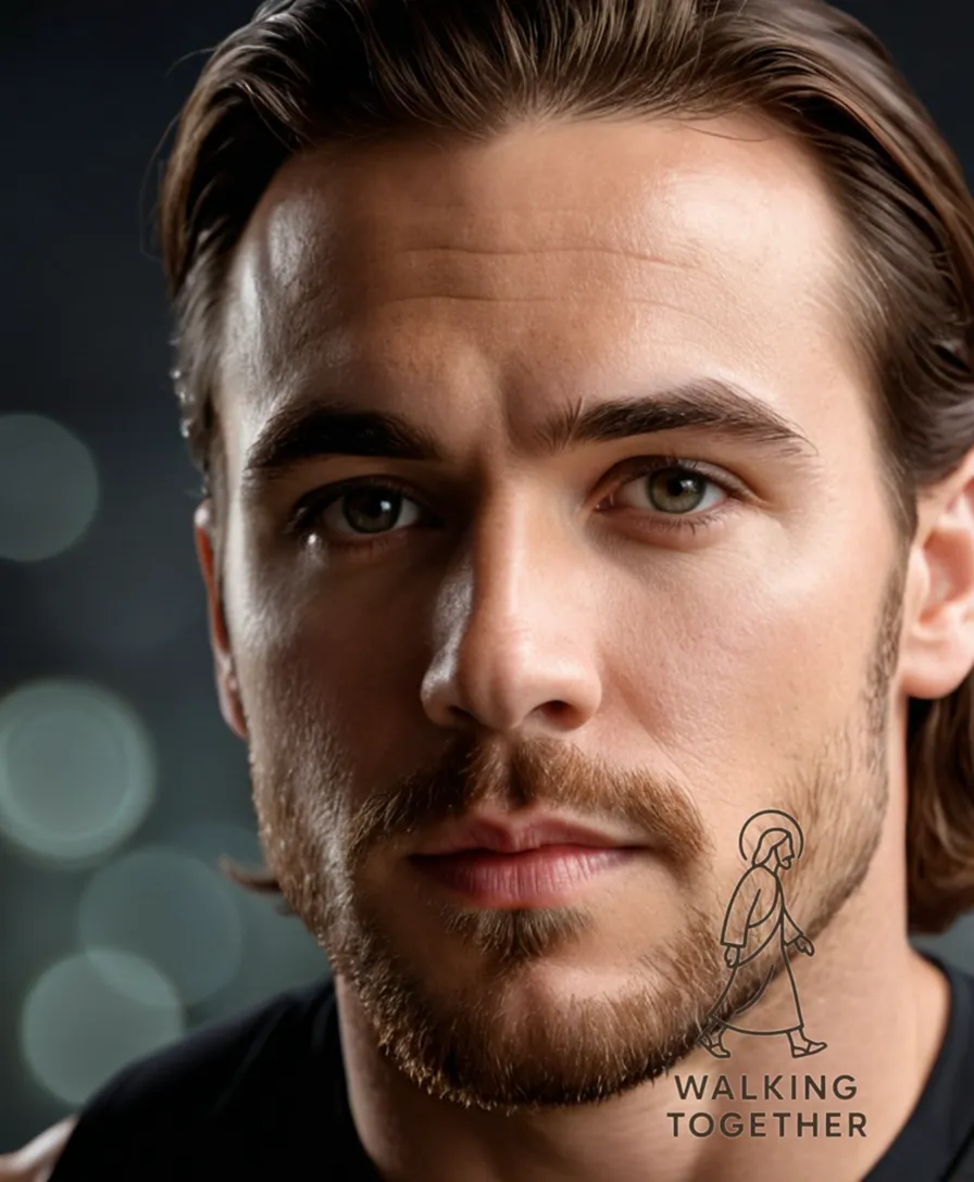 The image should show: A close-up shot of an athletic young adult wearing a black workout shirt in the front, displaying a bold graphic design featuring a stylized illustration of Jesus Christ doing various workouts, such as weightlifting and running, on a rugged grey background with subtle gym lighting illuminating the wearer's muscles.