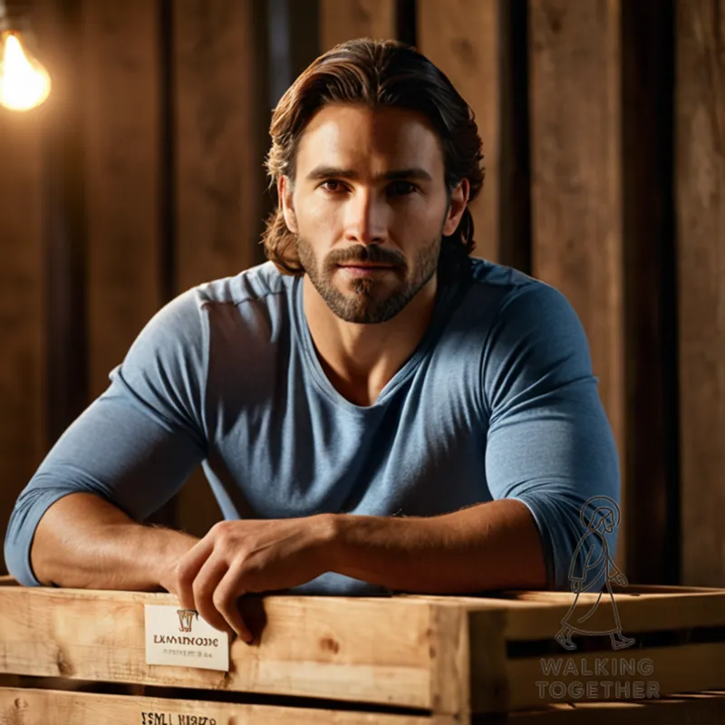 The image should show a prominent display of various Jesus Workout Shirts laid out on a wooden crate in a rustic, warehouse-style setting, with multiple garments clearly visible, each showcasing its own unique design, placed gently against the rough texture of the shelf, under warm dim overhead lighting.