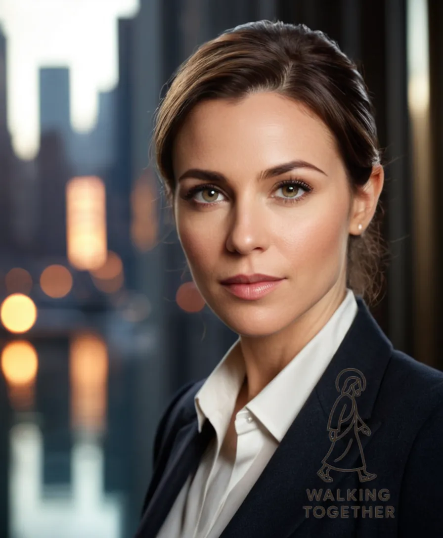 The image should show a photograph of a mid-30s to mid-40s Jewish messianic Christian woman in a conservative suit with a subtle sheen, standing confidently against a blurred background of a New York City cityscape, with the organization's distinctive logo prominently displayed on her sleeve.
