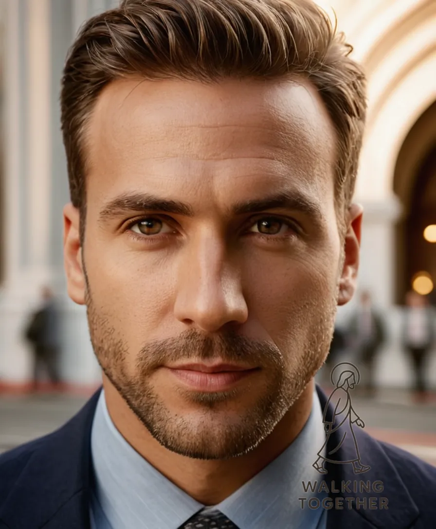 The image should show a group of individuals in their mid-to-late 30s to 50s, dressed casually yet modestly with a mix of business attire and streetwear, standing outside the entrance of the iconic San Francisco Synagogue, with a blurred out cityscape behind them, evoking a sense of community and inclusivity.