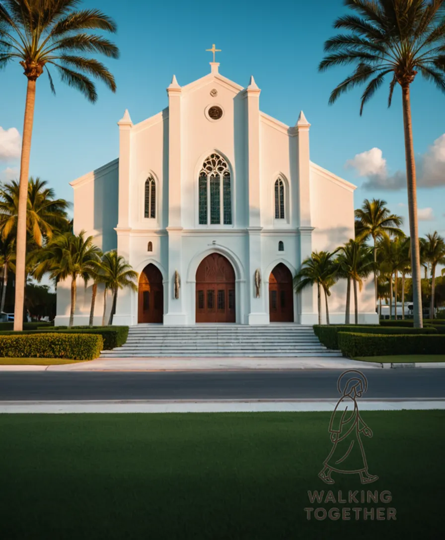 The image should show: A serene yet vibrant scene of a sprawling Miami church complex at sunset, with lush green lawns, palm trees, and a grand entrance flanked by twin marble pillars, against a backdrop of bright turquoise skies and a subtle sense of gathering crowds in the parking lot.