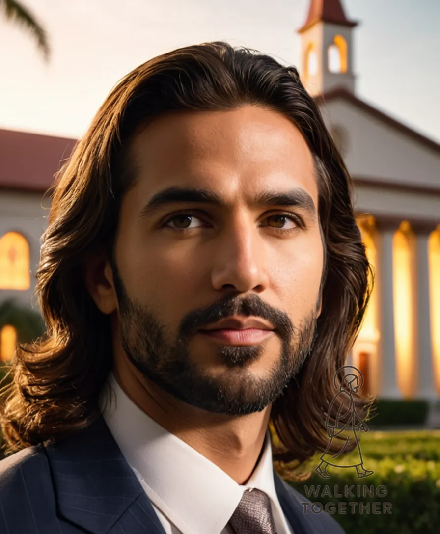 The image should show King Jesus Miami's imposing yet inviting campus facade at dusk, with warm golden light spilling from its grandiose church structure and adjacent ministry buildings, casting long shadows onto lush greenery-lined walkways amidst a tranquil urban landscape.