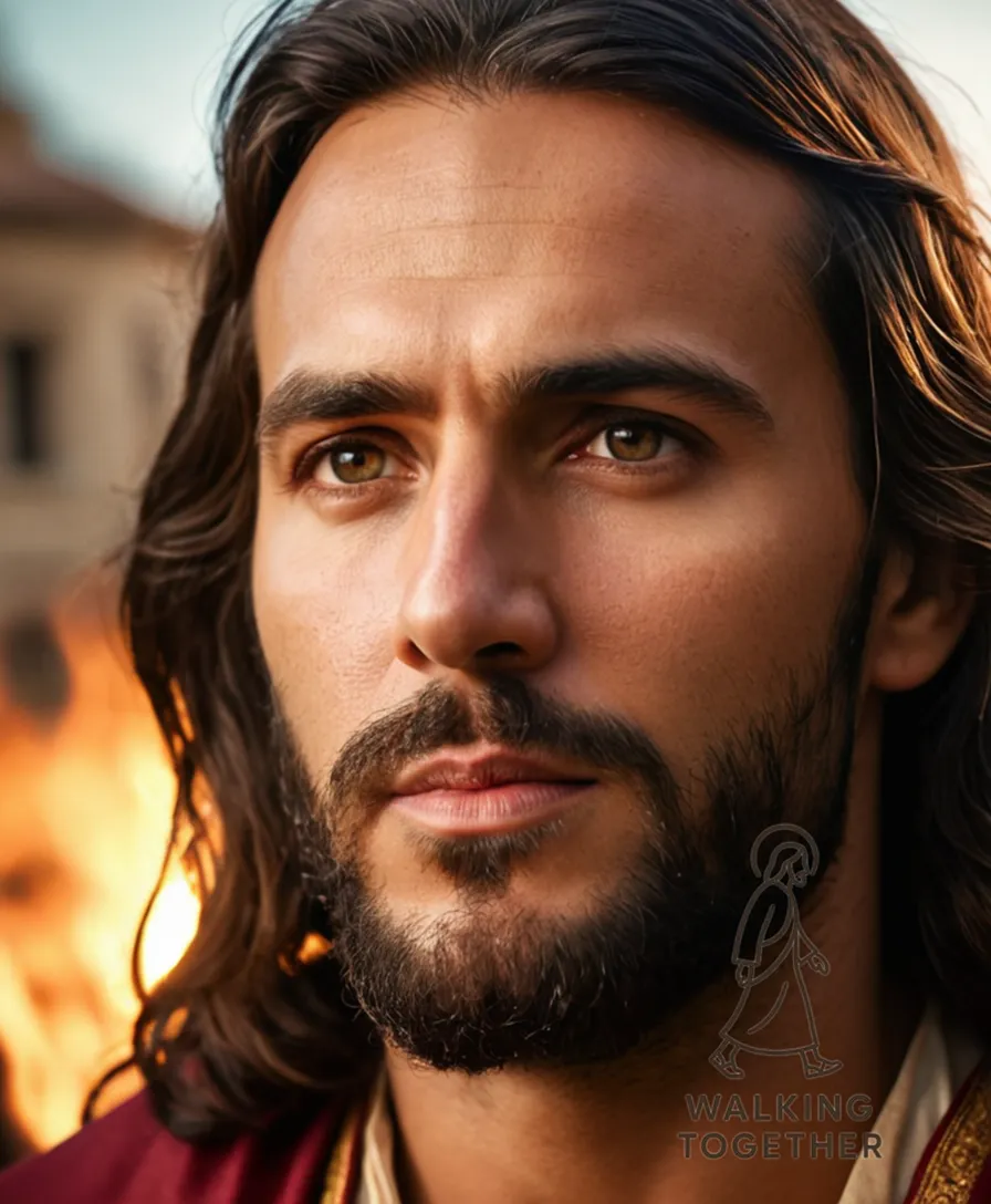 The image should show Jesus Christ standing tall in a dimly lit, Jerusalem-inspired street, his robes subtly tattered to convey a sense of vulnerability, while his resolute expression and outstretched hand emphasize strength, bathed in a warm, eerie glow.
