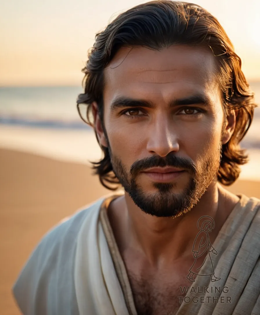 The image should show Jesus Christ walking on a tranquil beach at dusk, his weathered sandaled feet disappearing into the shallow water as he looks towards the viewer with an expression of gentle compassion, illuminated by a warm golden light cast from above, accentuating the soft folds of his traditional tunic.