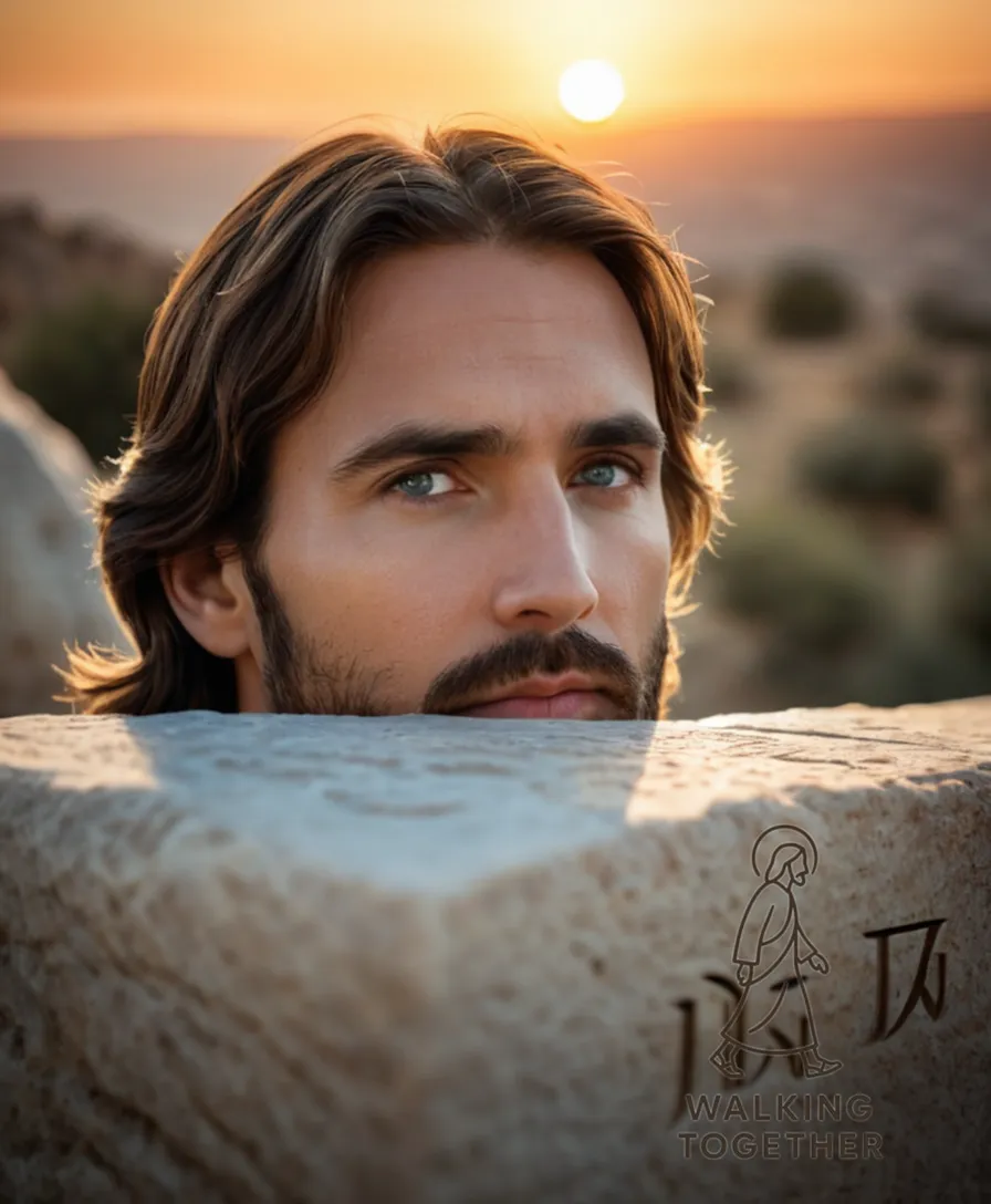 The image should show a serene, golden-lit dawn scene depicting Jesus, his eyes cast downward in contemplation, standing at the edge of an empty tomb, surrounded by rugged stone pillars and intricately carved Hebrew script, set against a soft blue morning sky with a hint of sunrise on the horizon.
