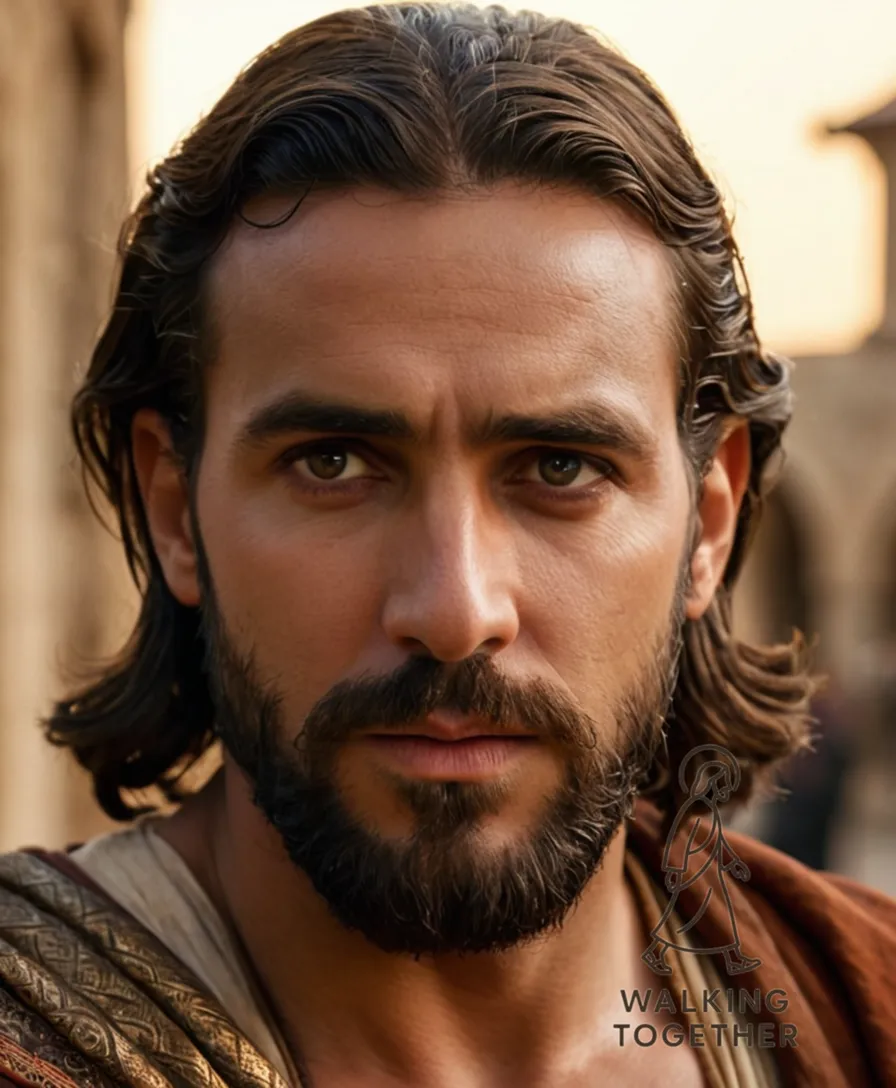 The image should show Jesus Christ standing in a dimly lit Jerusalem courtyard at sunset, his bearded face worn with concern, as his eyes cast downward toward a worn leather-bound scroll held against his chest, in a pose of contemplation and reverie.