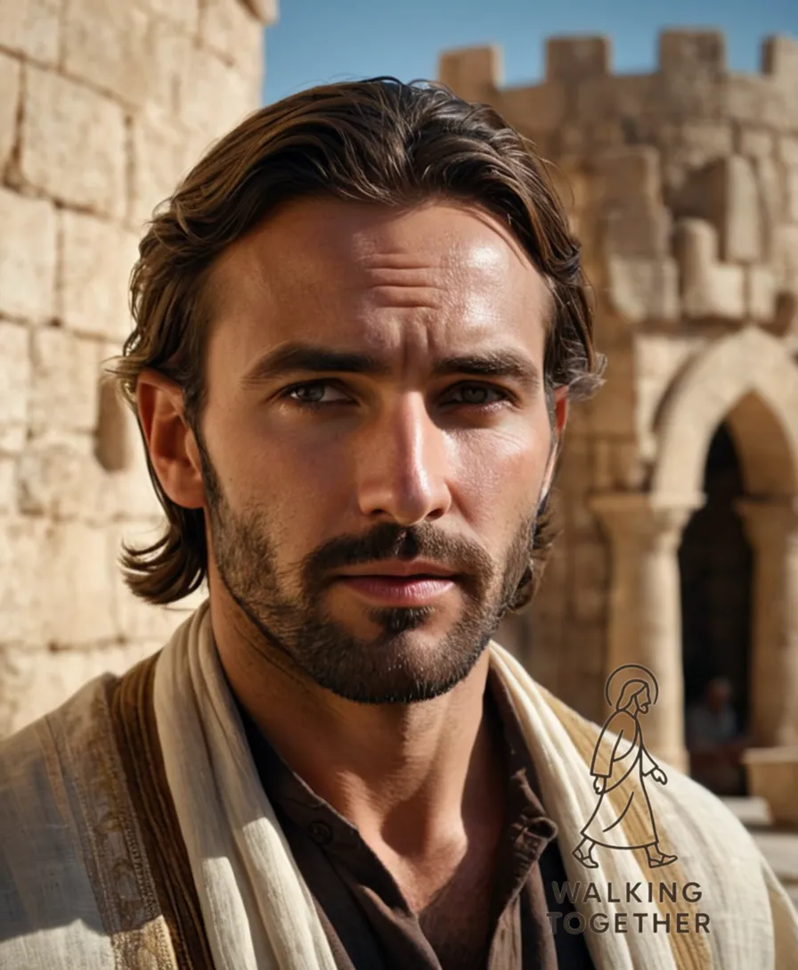 The image should show Jesus, standing in a simple Galilean-style courtyard, his weathered face etched with fatigue, yet serene, as he looks down at a humble, crusty loaf of bread on a stone table before him, with the rugged façade of the Jerusalem Temple in the background.