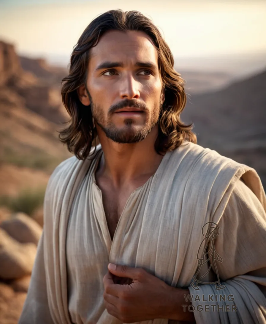 The image should show a somberly lit depiction of Jesus Christ standing alone at the edge of a vast, rocky desert landscape, his face etched with concern as he gazes down at his open palms, his simple tunic and sandals worn in the rugged terrain beneath his weight.