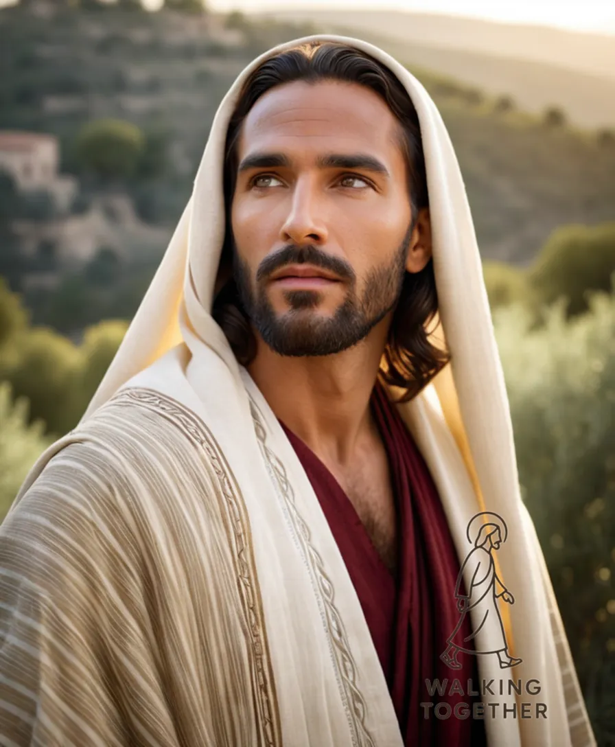 The image should show: A majestic Jesus standing amidst a gentle mist of olive groves on the slopes of Judaea's hills, his tunic and robe crafted from woven linens, illuminated by a warm golden light as he turns to face the heavens, eyes uplifted in reverence with an unmistakable expression of devotion.