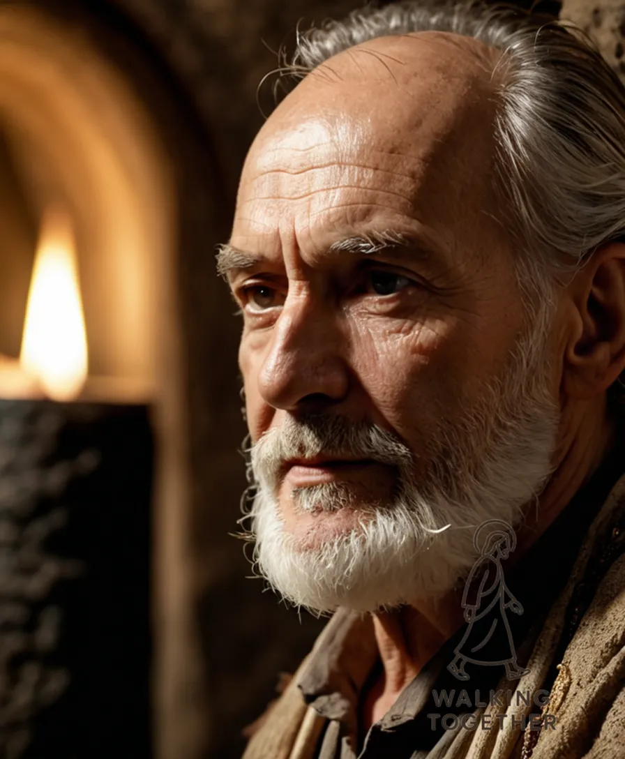The image should show Joseph of Arimathea, an elderly man in his 60s with a rugged face and wispy white beard, dressed in traditional Galilean garb with a staff in hand, standing beside a wooden sarcophagus containing the body of Jesus Christ in a dimly lit stone tomb.
