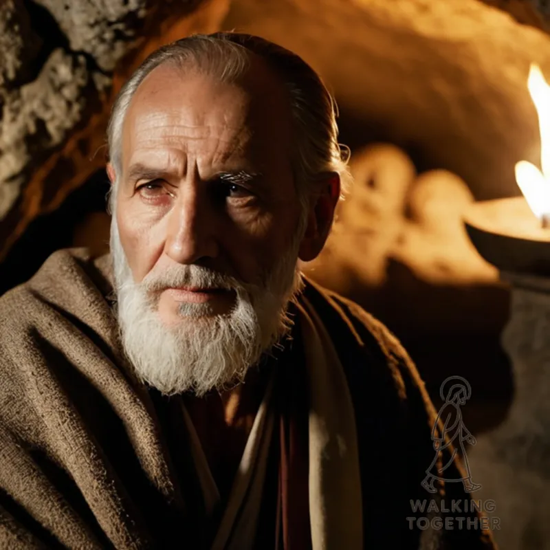 The image should show Joseph of Arimathea, an elderly man with a long beard and tunic, kneeling and lowering Jesus' body into a prepared tomb, his hands cradling the Savior's head as sunlight casts a warm glow on the limestone cave, highlighting the somber atmosphere.