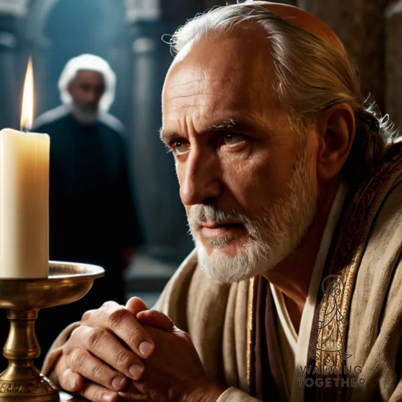 The image should show a gentle, middle-aged man in traditional Jewish robes, Joseph of Arimathea, kneeling beside Jesus' tomb in dark, eerie evening light, his weathered face filled with pious devotion, as he tenderly collects his Lord's bones.