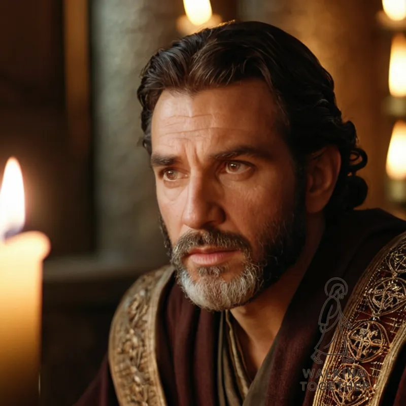 The image should show Joseph of Arimathea, a prominent Jewish leader and member of the Sanhedrin, sitting in a dimly lit chamber, his face weary and concerned, as he gazes intensely at a wrapped body shrouded beside him, illuminated only by the faint light of a single candle.
