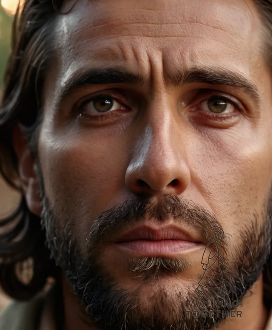 The image should show Jesus standing alone in a deserted Garden of Gethsemane at nightfall, illuminated by the faint moonlight streaming through the treetops above him, his weary face contorted with anguish and his eyes cast downward as he prays to God under the weight of the Cross that awaits him.