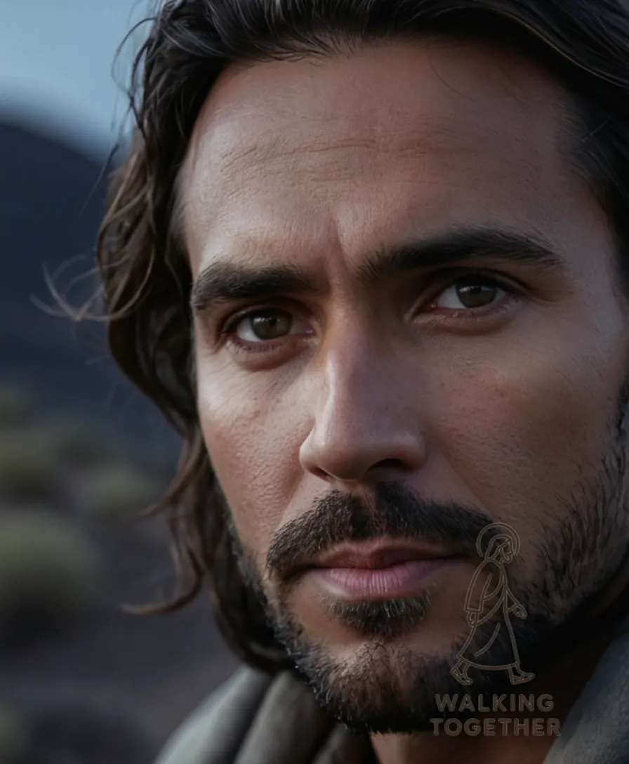 The image should show Jesus standing alone at night, on a barren desert hillside, his face illuminated by a faint moonlit glow casting long shadows behind him, as he looks upwards with a sorrowful expression, while in the background, the silhouette of a darkened landscape stretches towards a distant, stormy sky.