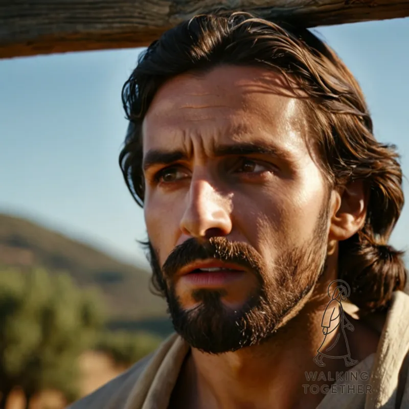 The image should show Jesus Christ in a moment of intense agony on a wooden cross, His bearded face contorted in suffering, His eyes cast downward in despair as He bears the weight of humanity's sins, against the stark blue sky and bare olive tree branches.